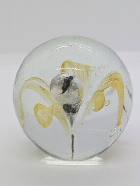 Hand-Blown Glass Art Paper Weight With Yellow Accent